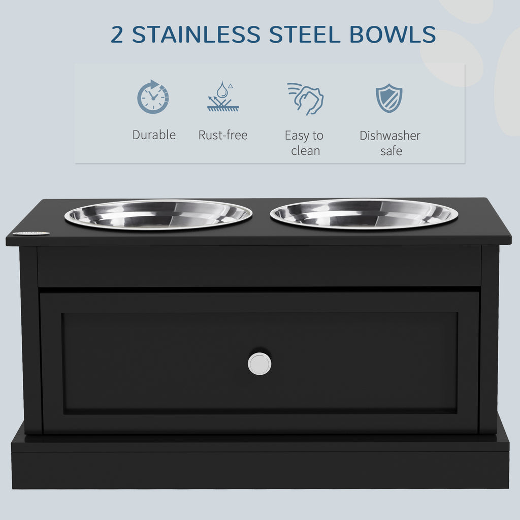 Black elevated pet feeder with 2 stainless steel bowls, durable, rust-free, easy to clean, dishwasher safe