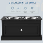 Black elevated pet feeder with 2 stainless steel bowls, durable, rust-free, easy to clean, dishwasher safe