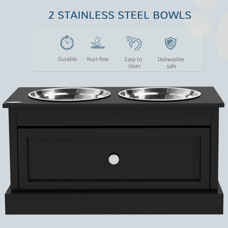Black elevated pet feeder with 2 stainless steel bowls, durable, rust-free, easy to clean, dishwasher safe