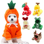 Adorable puppy in carrot costume with cute pet outfits including frog, reindeer, and apple designs for dog toys and cat accessories.