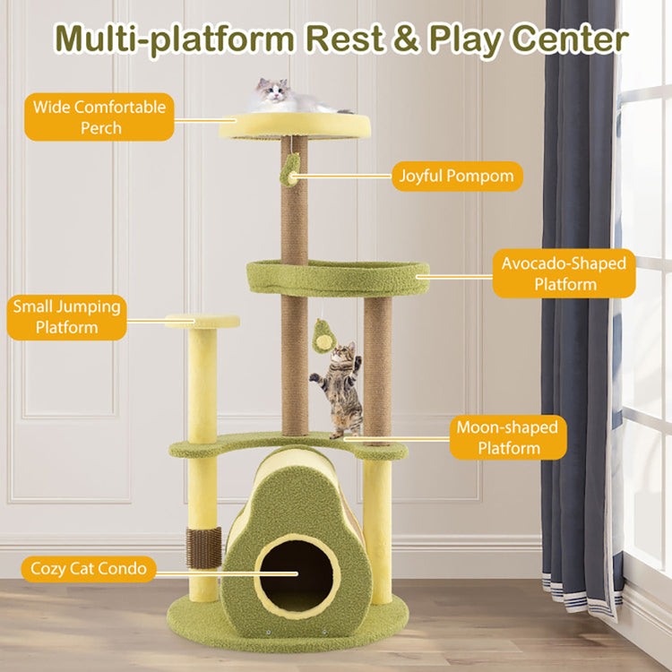 Freestanding Multi-level Avocado Cat Tower With Private Condo