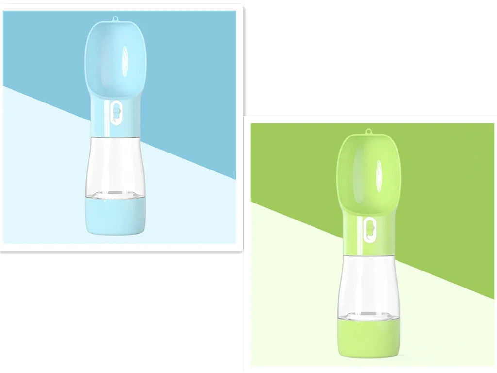 Portable pet water bottle in blue and green, ideal for dog walks and travel