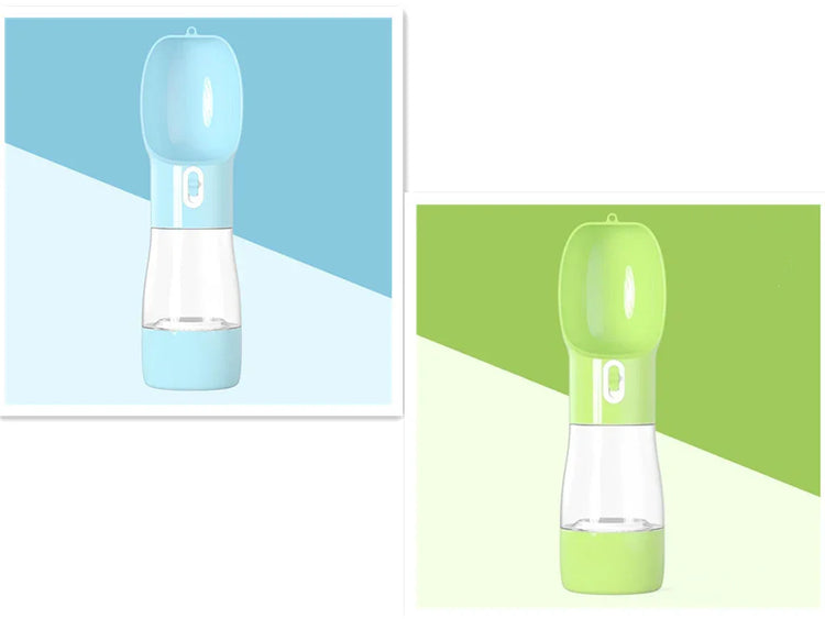 Portable pet water bottle in blue and green, ideal for dog walks and travel
