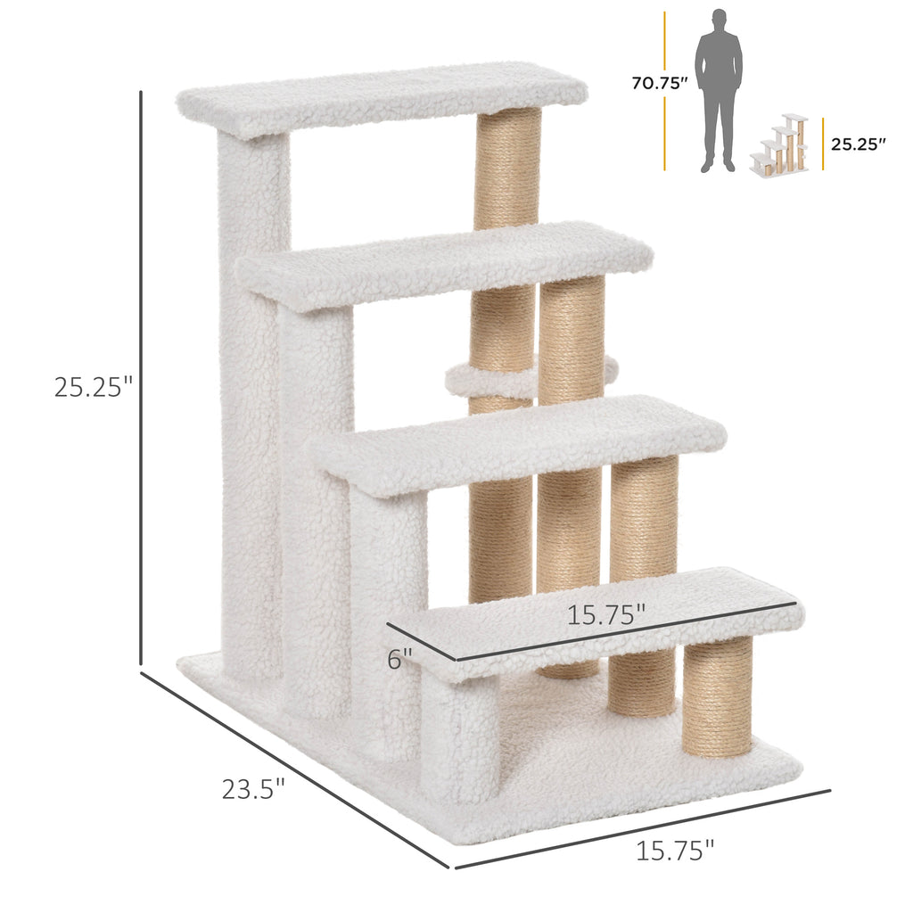 4 Levels Cat Steps with Scratching Posts for High Bed, Sofa, White