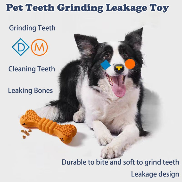 Orange bone-shaped dog chew toy with leakage design for teeth grinding and cleaning, ideal for pet dental care.