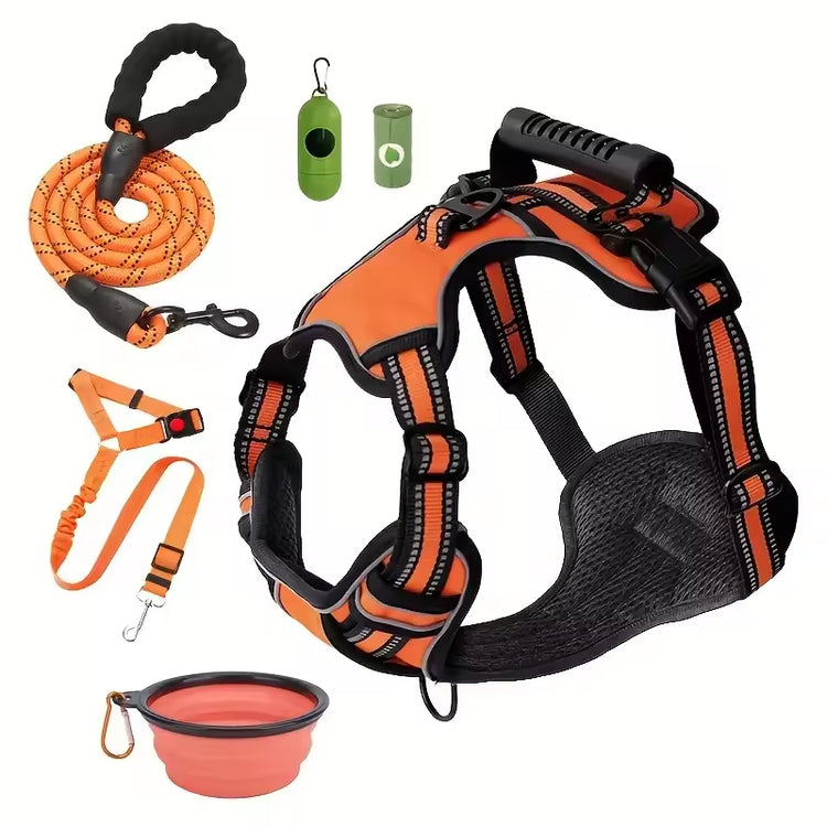 Orange dog harness with leash, poop bags, and collapsible bowl for pet walks