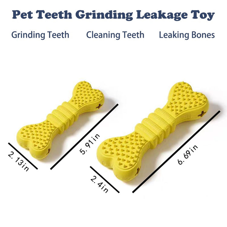 Yellow bone-shaped dog chew toy for teeth grinding and cleaning, leak-proof design with size measurements