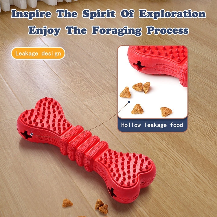 Red bone-shaped dog toy with leakage design for foraging fun and mental stimulation