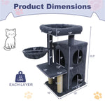 Gray multi-level cat tree with scratching posts, cozy beds, and 22 lbs weight capacity per layer