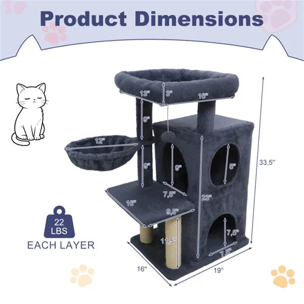 Gray multi-level cat tree with scratching posts, cozy beds, and 22 lbs weight capacity per layer