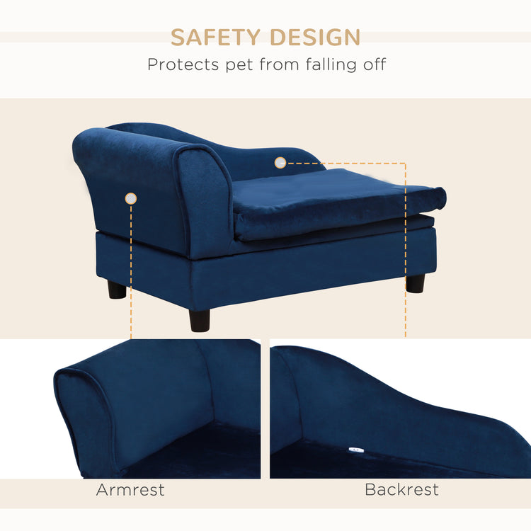 Luxury navy blue pet lounger with safety design, armrest, and backrest for cozy comfort.