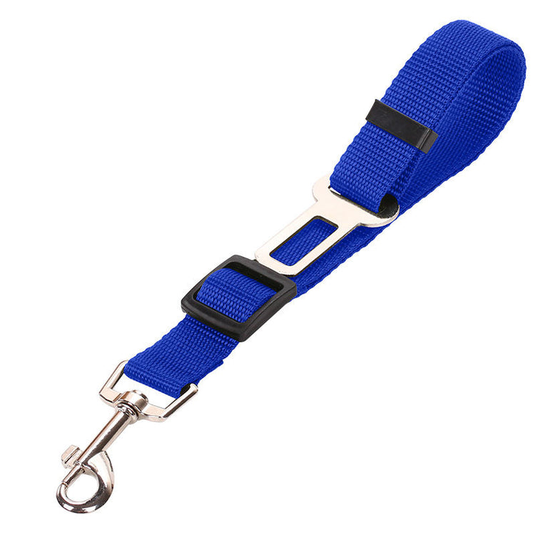 Blue dog car seat belt with metal buckle and clip for safe pet travel