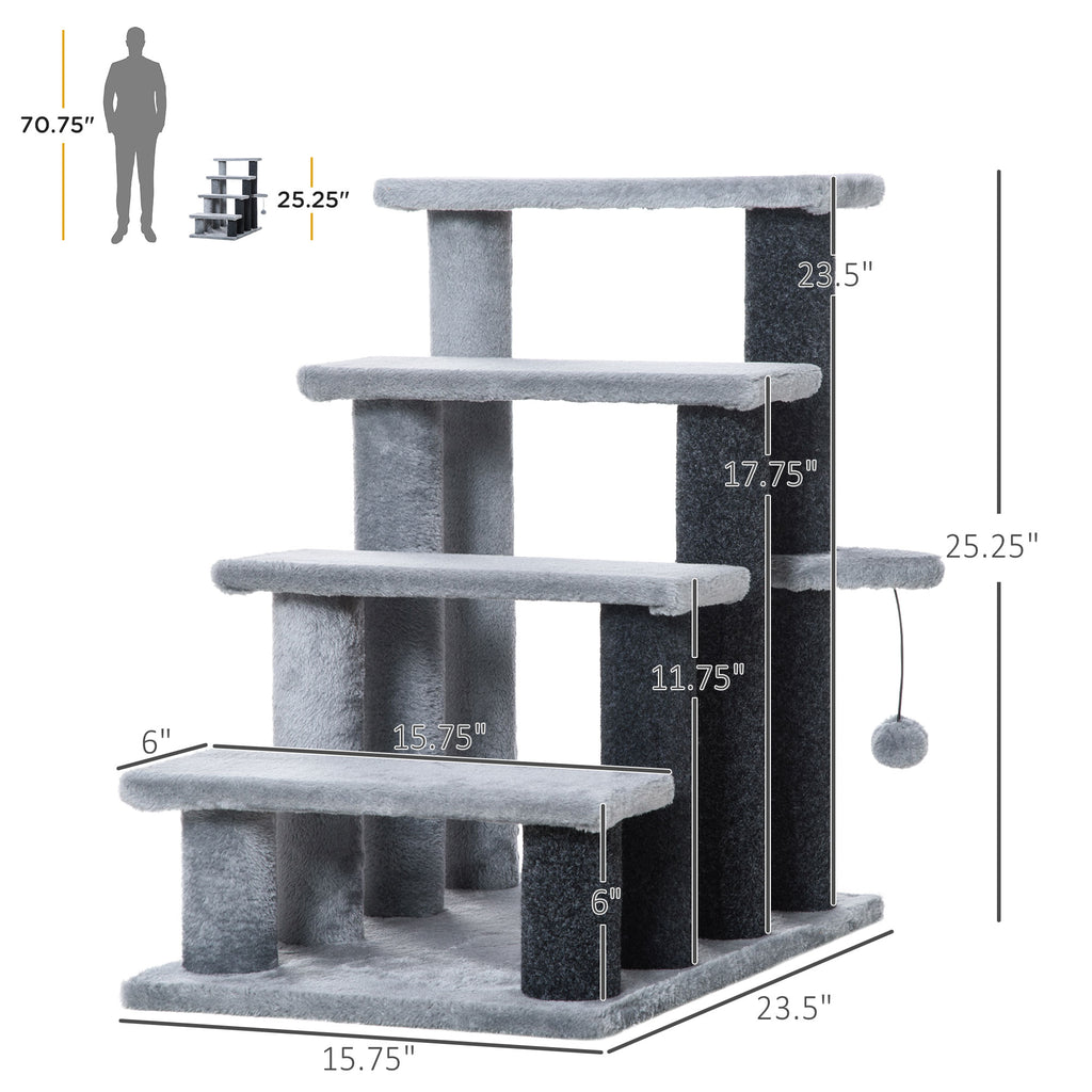 Gray multi-level cat tree with scratching posts and hanging toy, perfect for cat play and rest