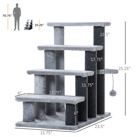 Gray cat on multi-level cat tree with scratching posts and plush steps, perfect for cat accessories and play.