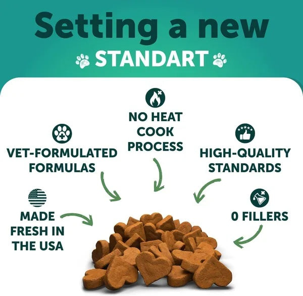 Heart-shaped dog treats with vet-formulated, no-heat cook, 0 fillers, made fresh in USA