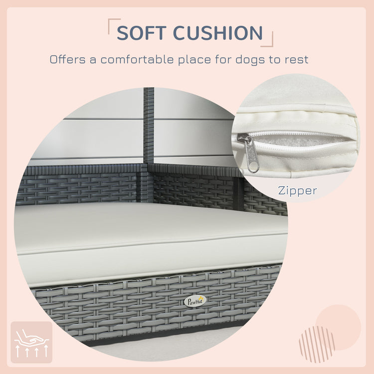 Wicker Dog House Outdoor with Canopy, Rattan Dog Bed with Water-resistant Cushion, Raised Pet Bed for Small, Medium Breeds up to 66 lbs, 20" in Length, Silver Wicker, White Cushion