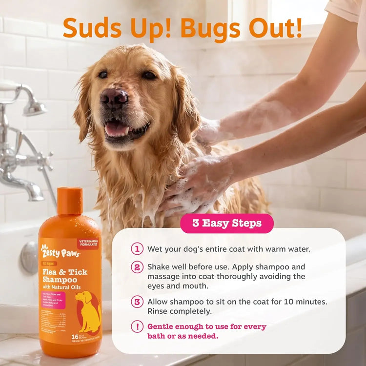 Zesty Paws Flea & Tick Removal Shampoo for Dogs - 16-fl oz Natural Soothing Deodorizing Cleaning Formula with Cedarwood Oil & Peppermint for Skin & Coat Care