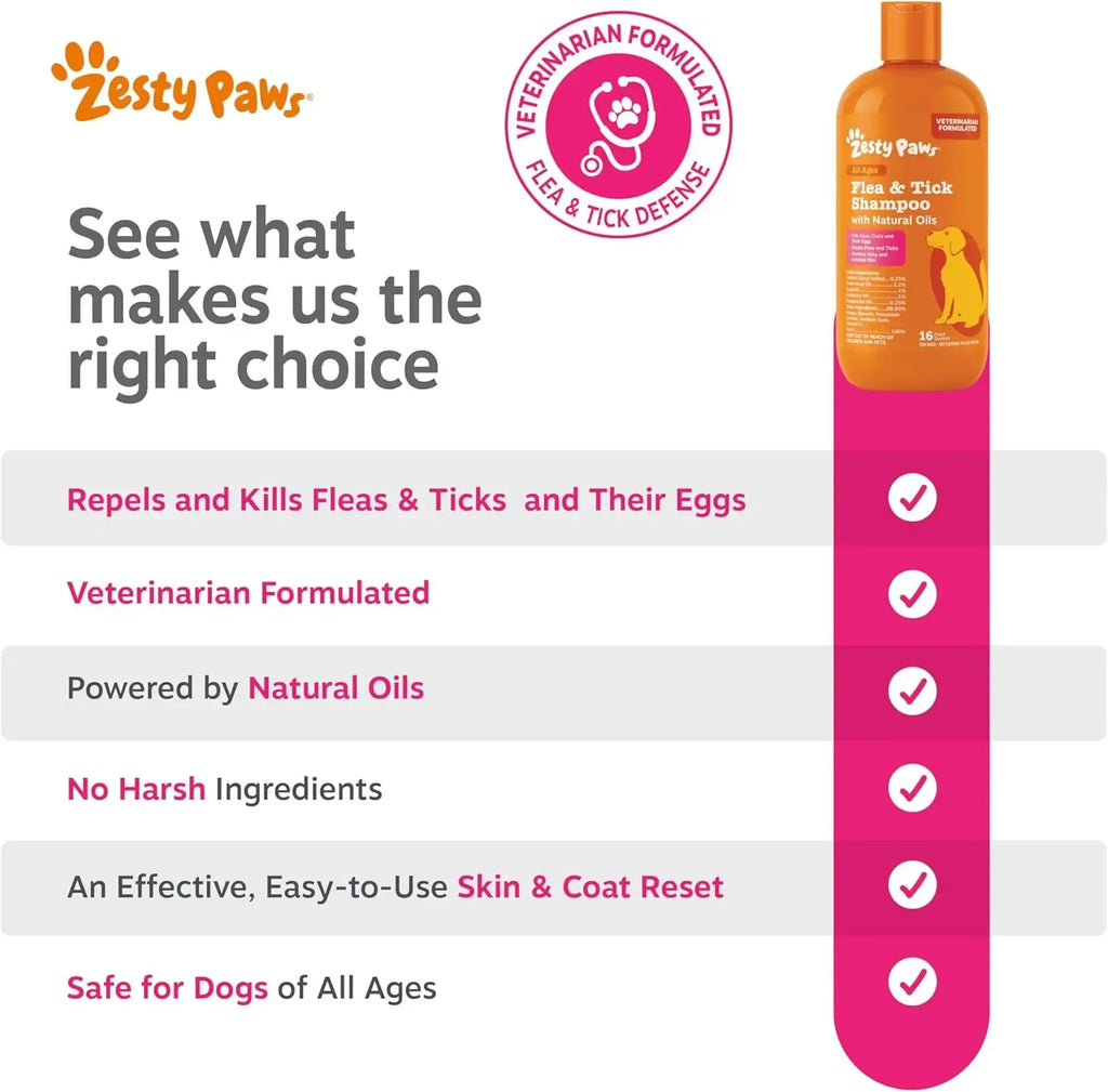 Zesty Paws Flea & Tick Removal Shampoo for Dogs - 16-fl oz Natural Soothing Deodorizing Cleaning Formula with Cedarwood Oil & Peppermint for Skin & Coat Care